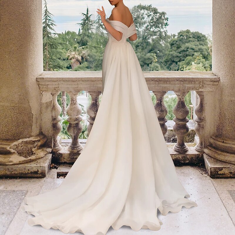Hall Casual Wedding Dresses Sheath Off Shoulder Cap Sleeve Court Train