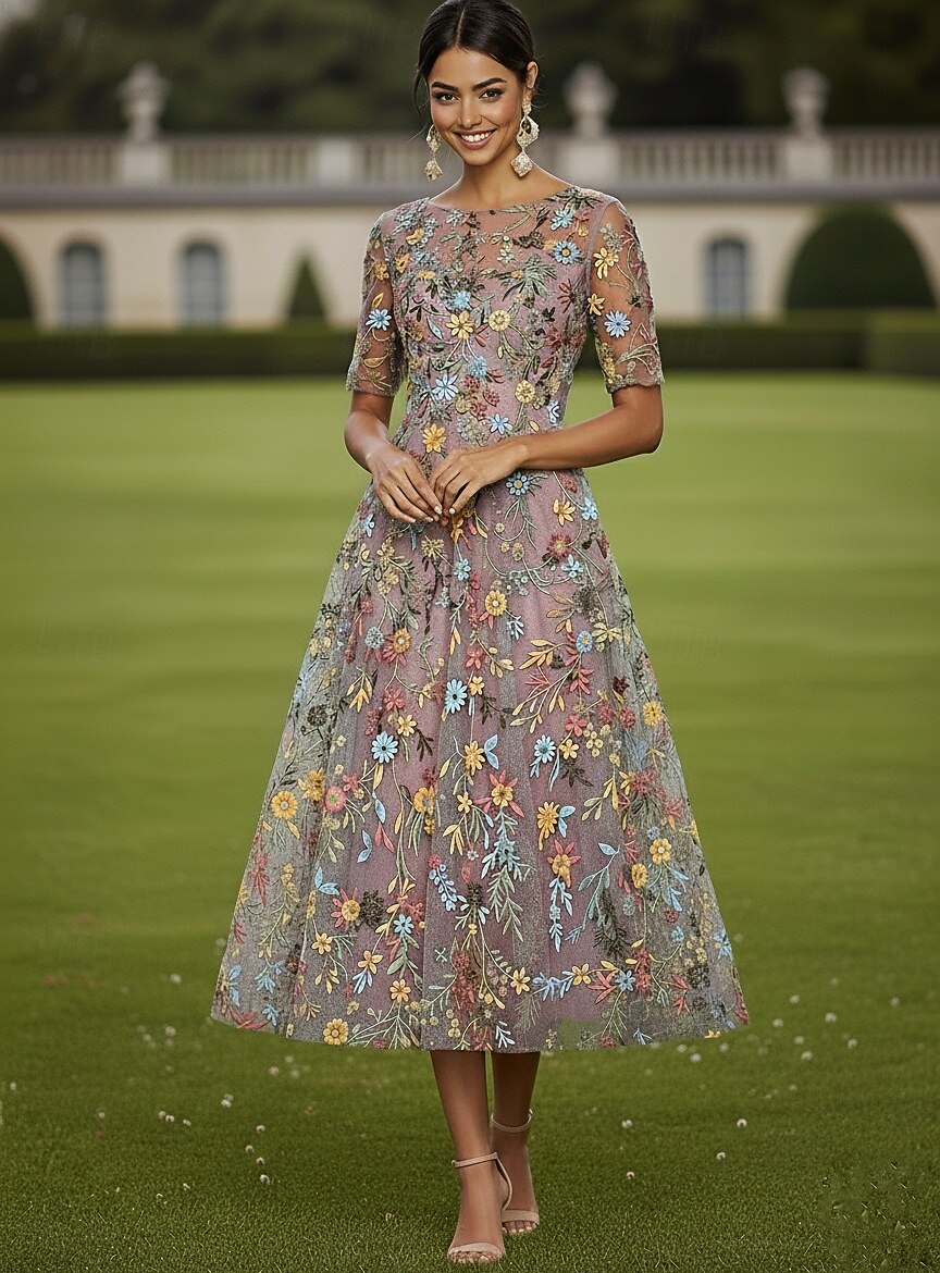 A-Line Tea Length Cocktail Dress Wedding Guest Dress Elegant Casual