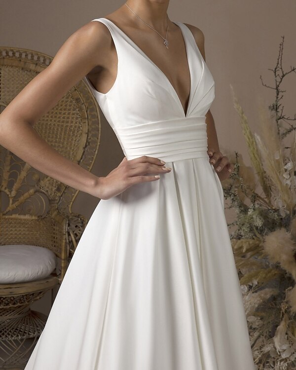 Wedding Dresses A-Line V Neck Sleeveless Satin Bridal Gowns