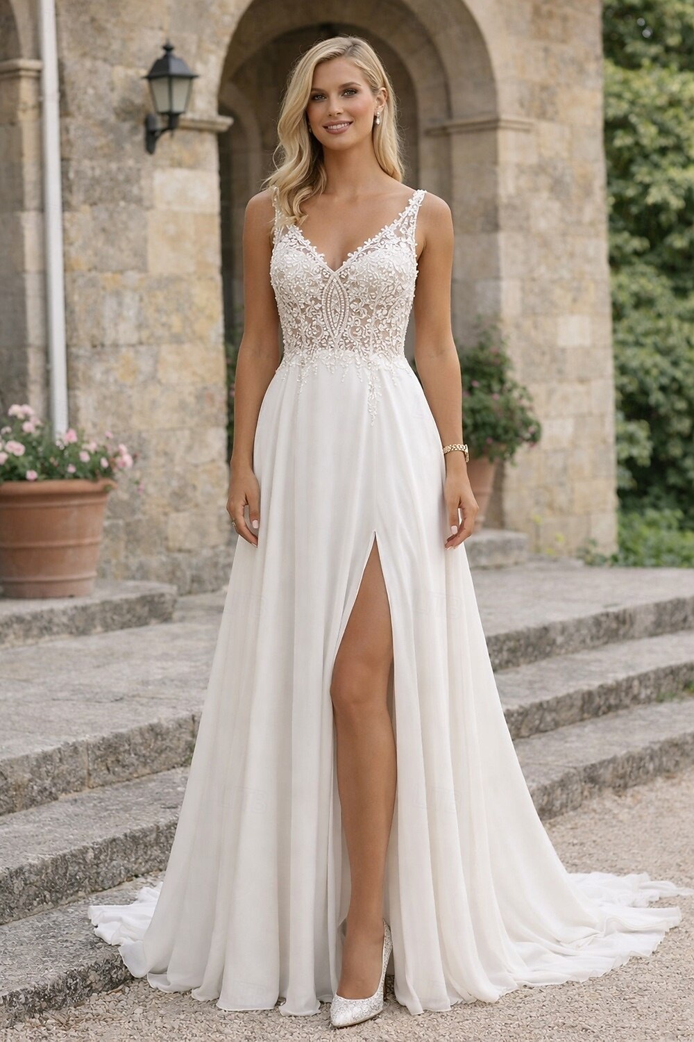 Wedding Dresses A-Line V Neck Sleeveless Floor Length Chiffon Bridal Gowns