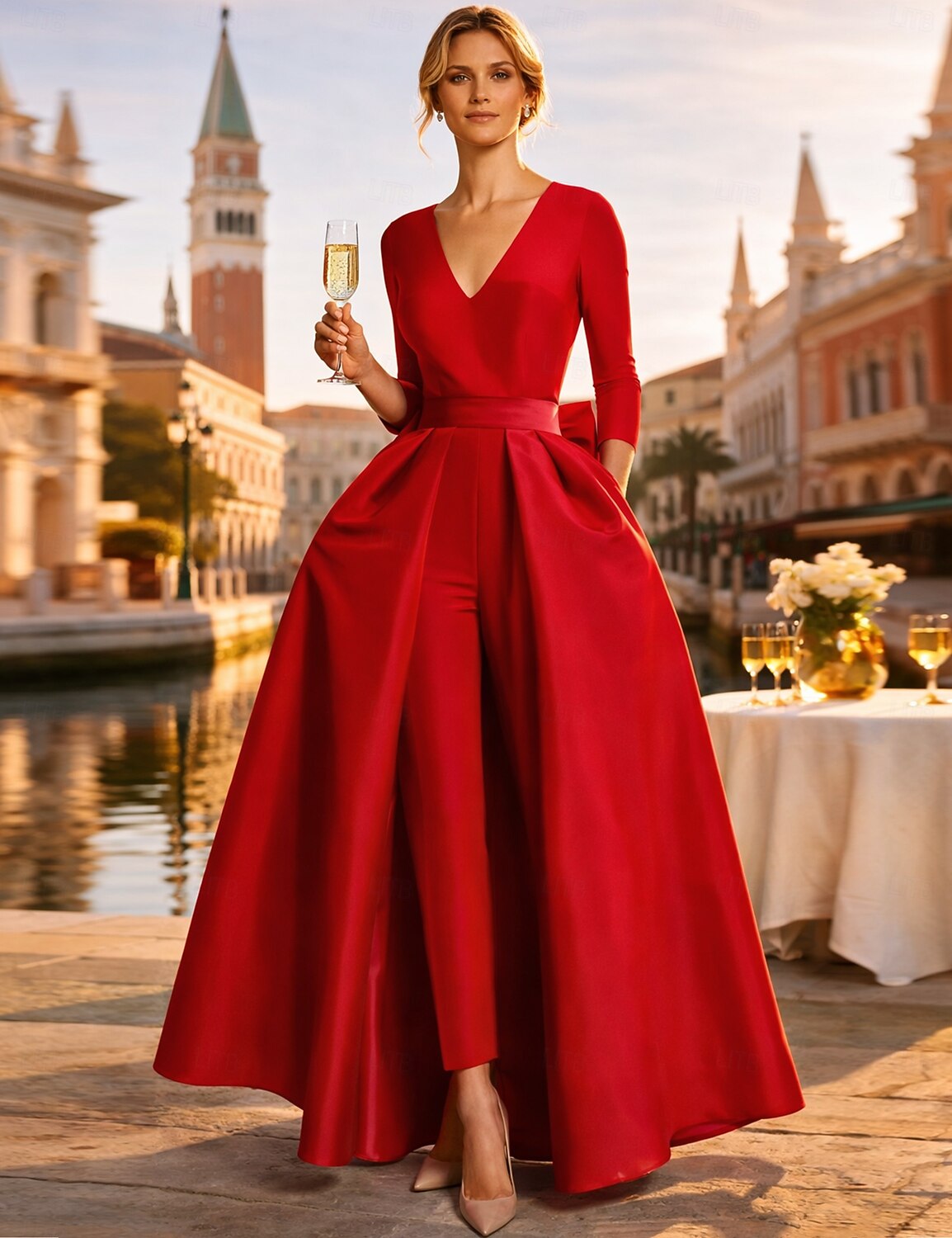 Two Piece Jumpsuits Evening Gown Elegant Floor Length Long Sleeve V Neck