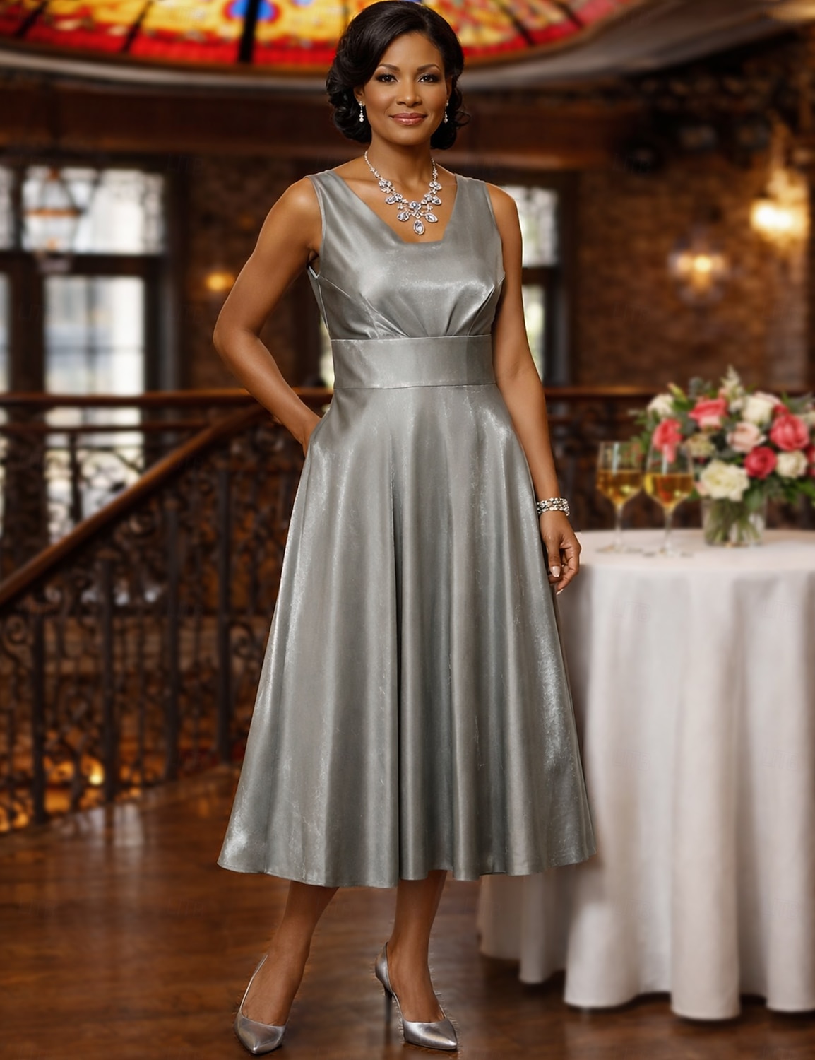 Two Piece A-Line Tea Length Wedding Guest Dress Mother of the Bride Dress Elegant Vintage Plus Size