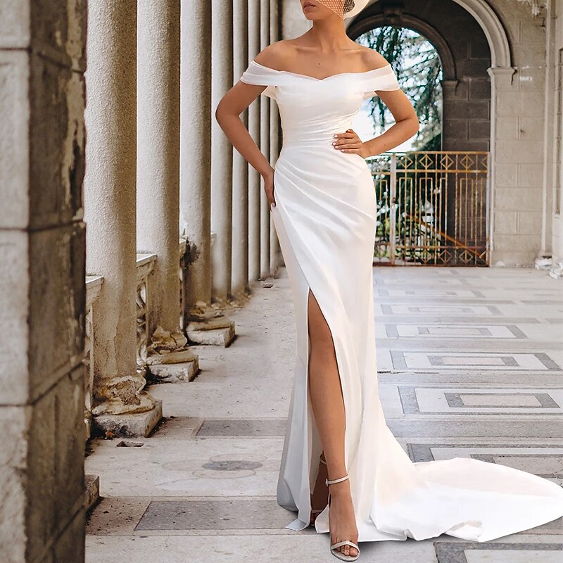 Hall Casual Wedding Dresses Sheath Off Shoulder Cap Sleeve Court Train