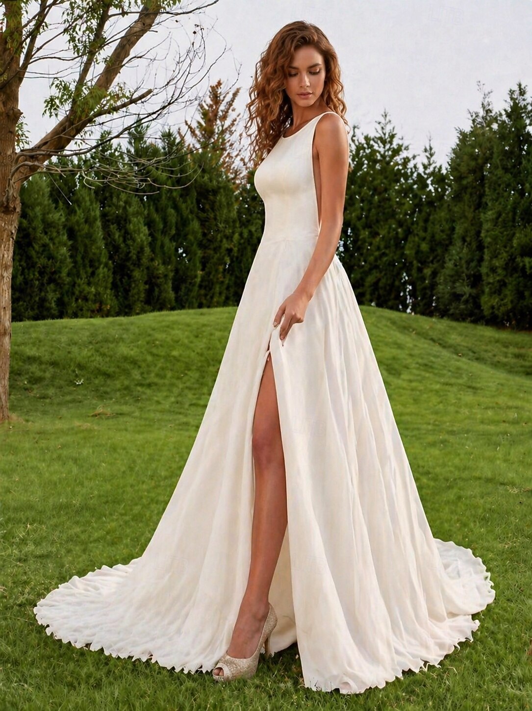 Wedding Dresses A-Line Scoop Neck Sleeveless Floor Length Chiffon Bridal Gowns
