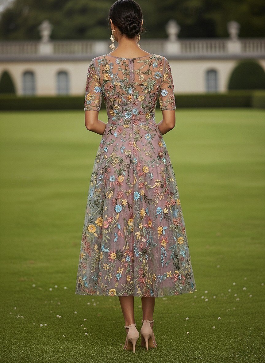 A-Line Tea Length Cocktail Dress Wedding Guest Dress Elegant Casual