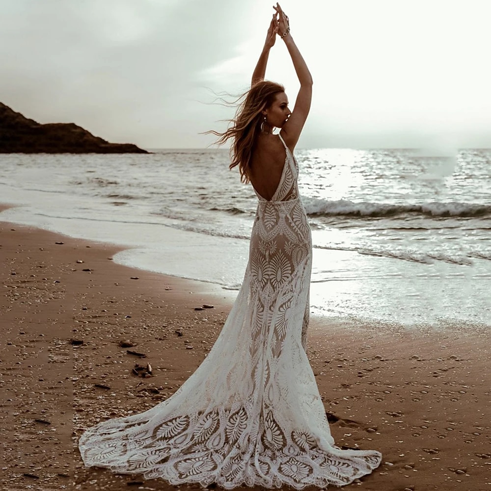 Beach Wedding Vintage Open Back Wedding Dresses Mermaid Camisole V Neck