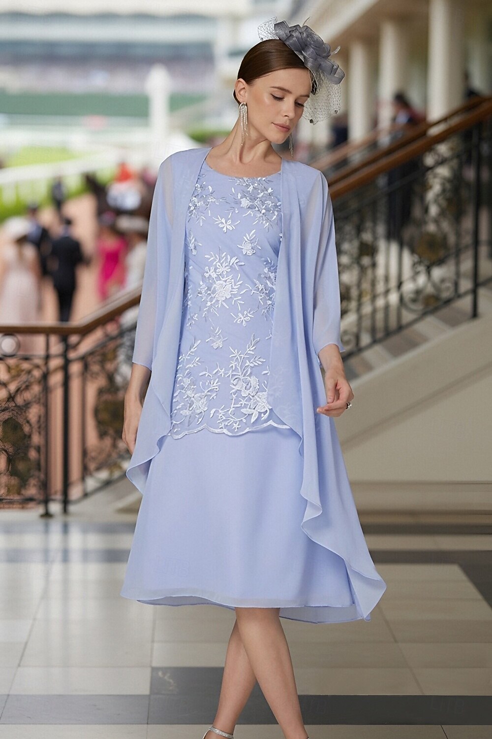 Two Piece Sheath Column Tea Length Wedding Guest Dress Mother of the Bride Dress Sleeveless Jewel Neck