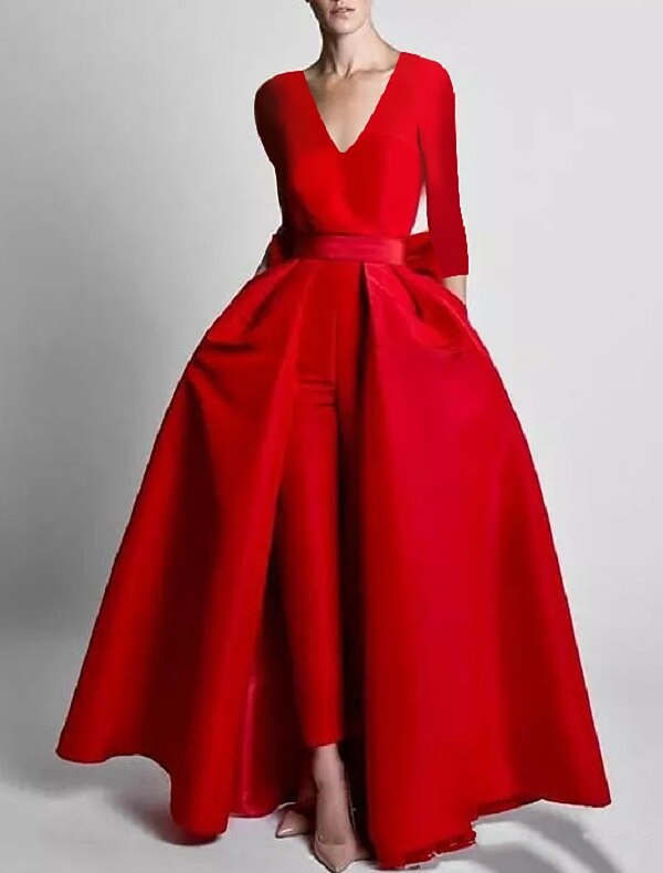 Two Piece Jumpsuits Evening Gown Elegant Floor Length Long Sleeve V Neck