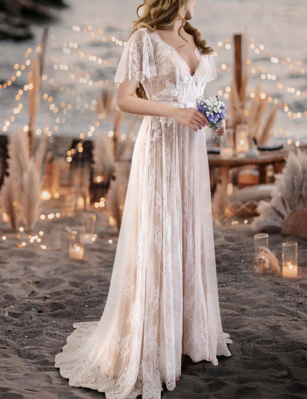 Sexy Wedding Dresses Boho A-Line V Neck Short Sleeve Lace Bridal Gowns