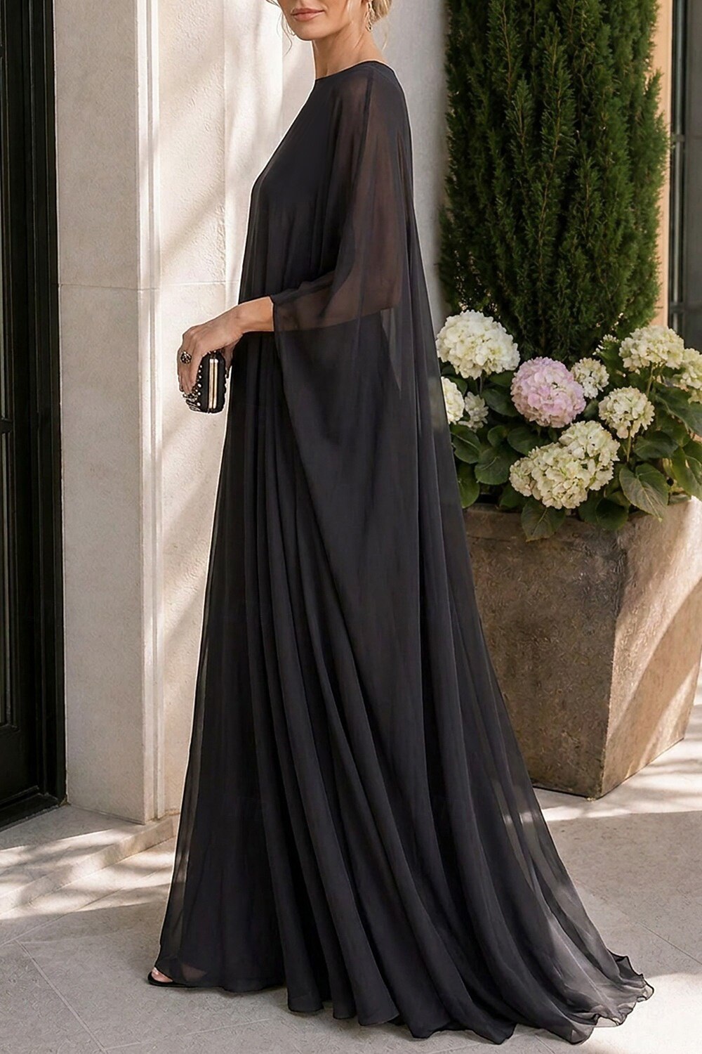 Sheath Evening Gown Empire Dress Formal Evening Sweep Brush Train Long Sleeve Boat Neck
