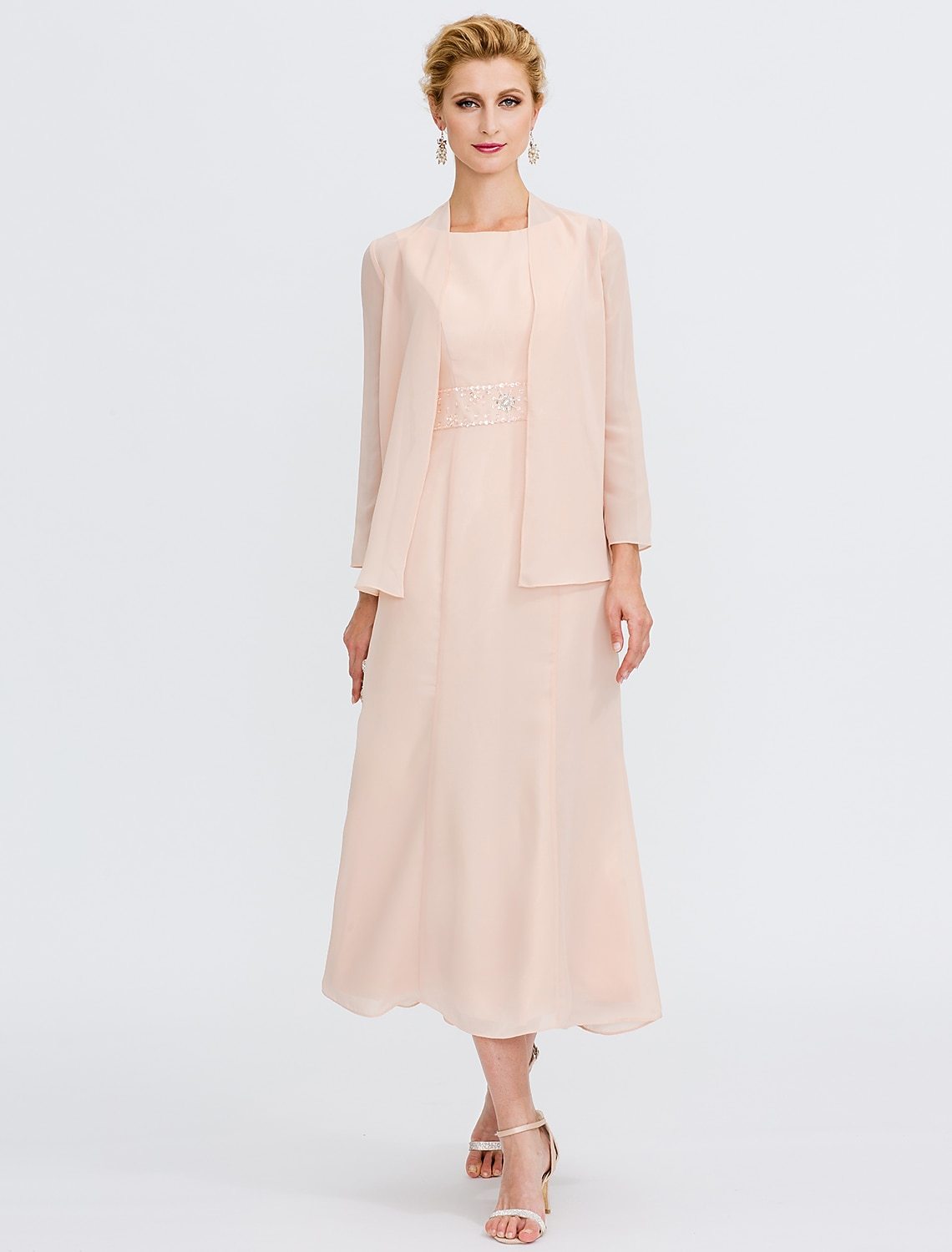 Two Piece Sheath Column Tea Length Wedding Guest Dress Mother of the Bride Dress Elegant Plus Size