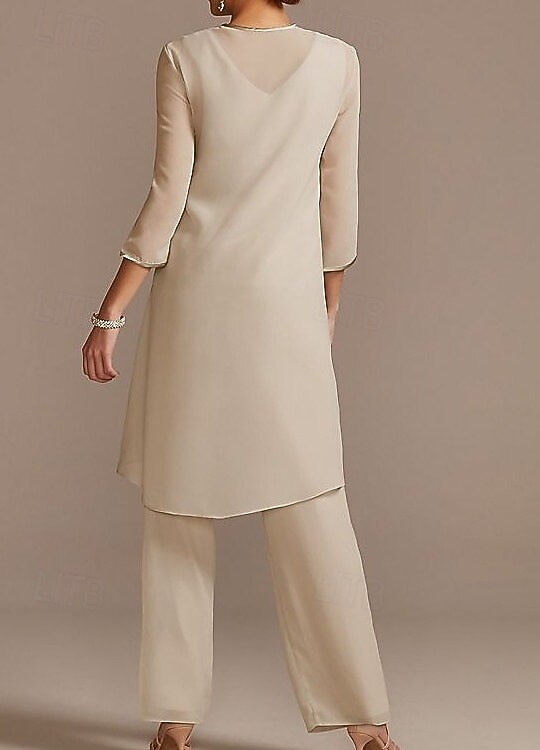 Jumpsuit Pantsuit Floor Length Mother of the Bride Dress 3/4 Length Sleeve Jewel Neck Elegant
