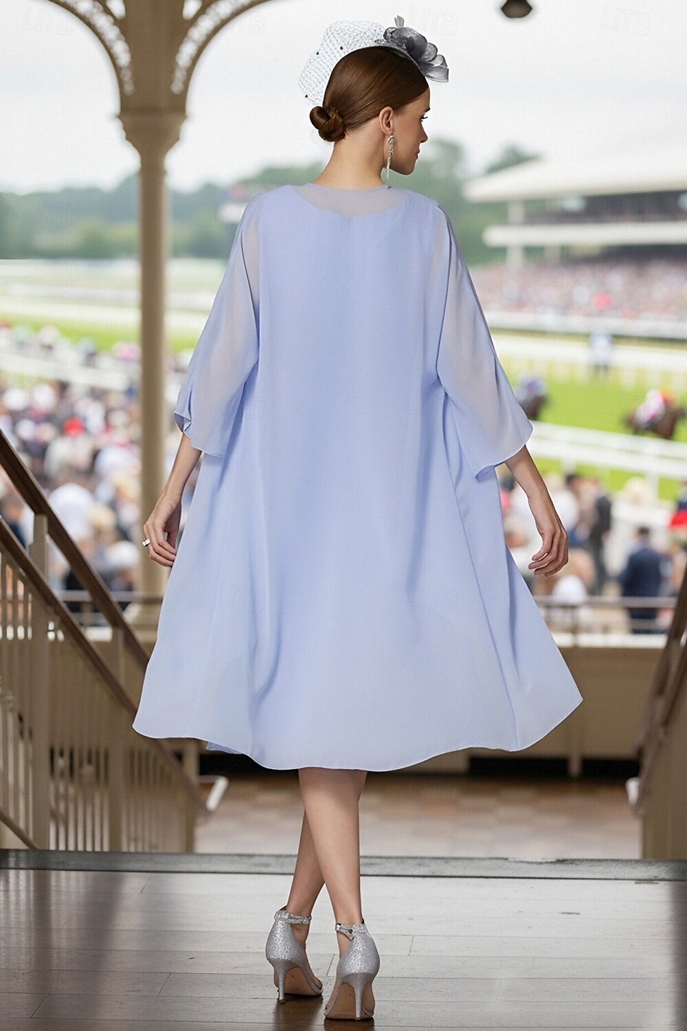 Two Piece Sheath Column Tea Length Wedding Guest Dress Mother of the Bride Dress Sleeveless Jewel Neck
