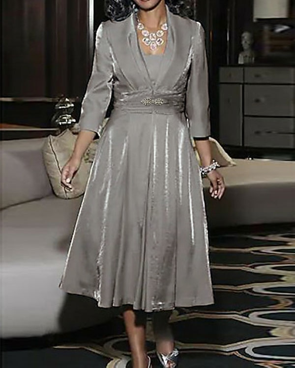 Two Piece A-Line Tea Length Wedding Guest Dress Mother of the Bride Dress Elegant Vintage Plus Size