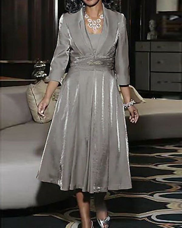 Two Piece A-Line Tea Length Wedding Guest Dress Mother of the Bride Dress Elegant Vintage Plus Size