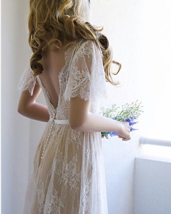 Sexy Wedding Dresses Boho A-Line V Neck Short Sleeve Lace Bridal Gowns