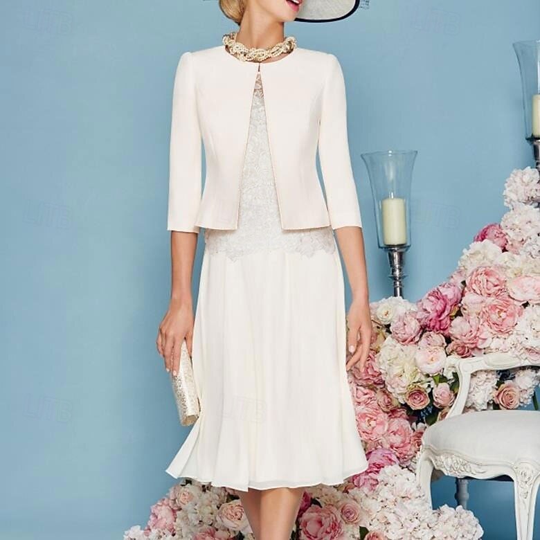 Two Piece Sheath Column Knee Length Wedding Guest Dress Mother of the Bride Dress 3/4 Length Sleeve