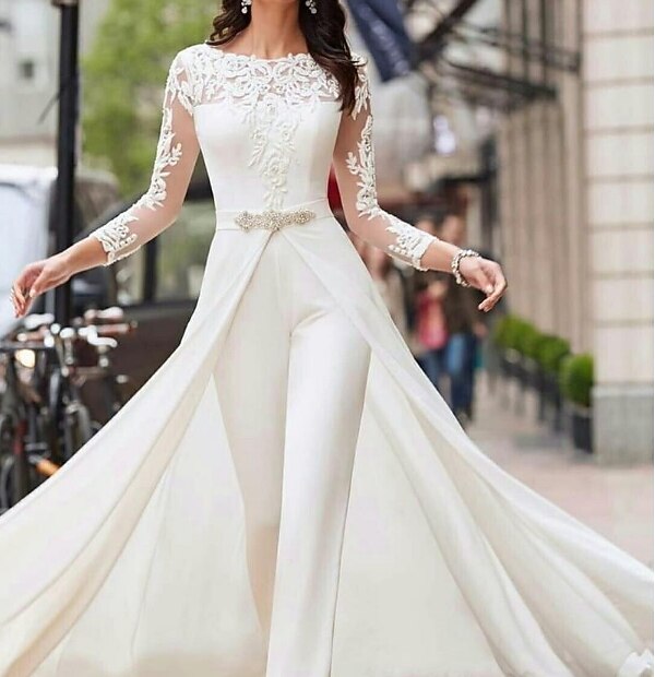 Jumpsuits Floor Length Wedding Dresses Simple Casual Long Sleeve