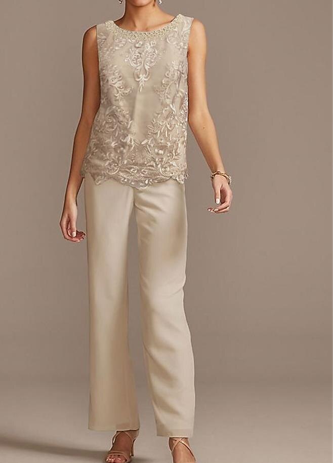 Jumpsuit Pantsuit Floor Length Mother of the Bride Dress 3/4 Length Sleeve Jewel Neck Elegant