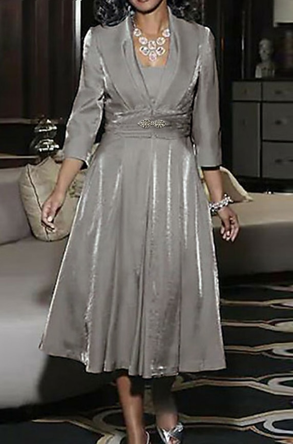 Two Piece A-Line Tea Length Wedding Guest Dress Mother of the Bride Dress Elegant Vintage Plus Size