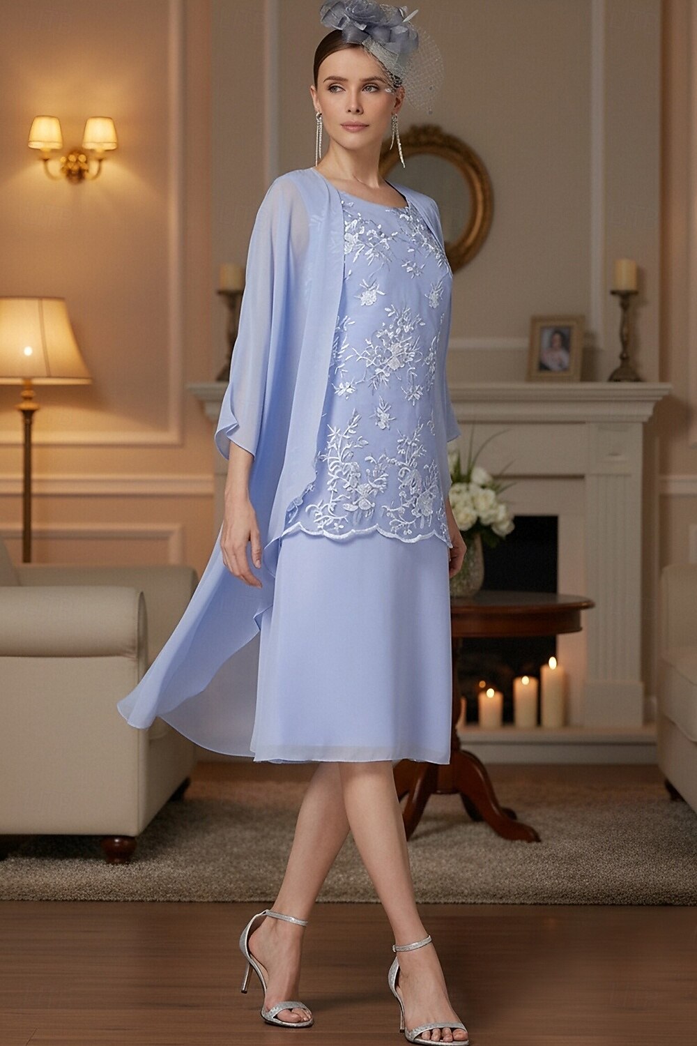 Two Piece Sheath Column Tea Length Wedding Guest Dress Mother of the Bride Dress Sleeveless Jewel Neck