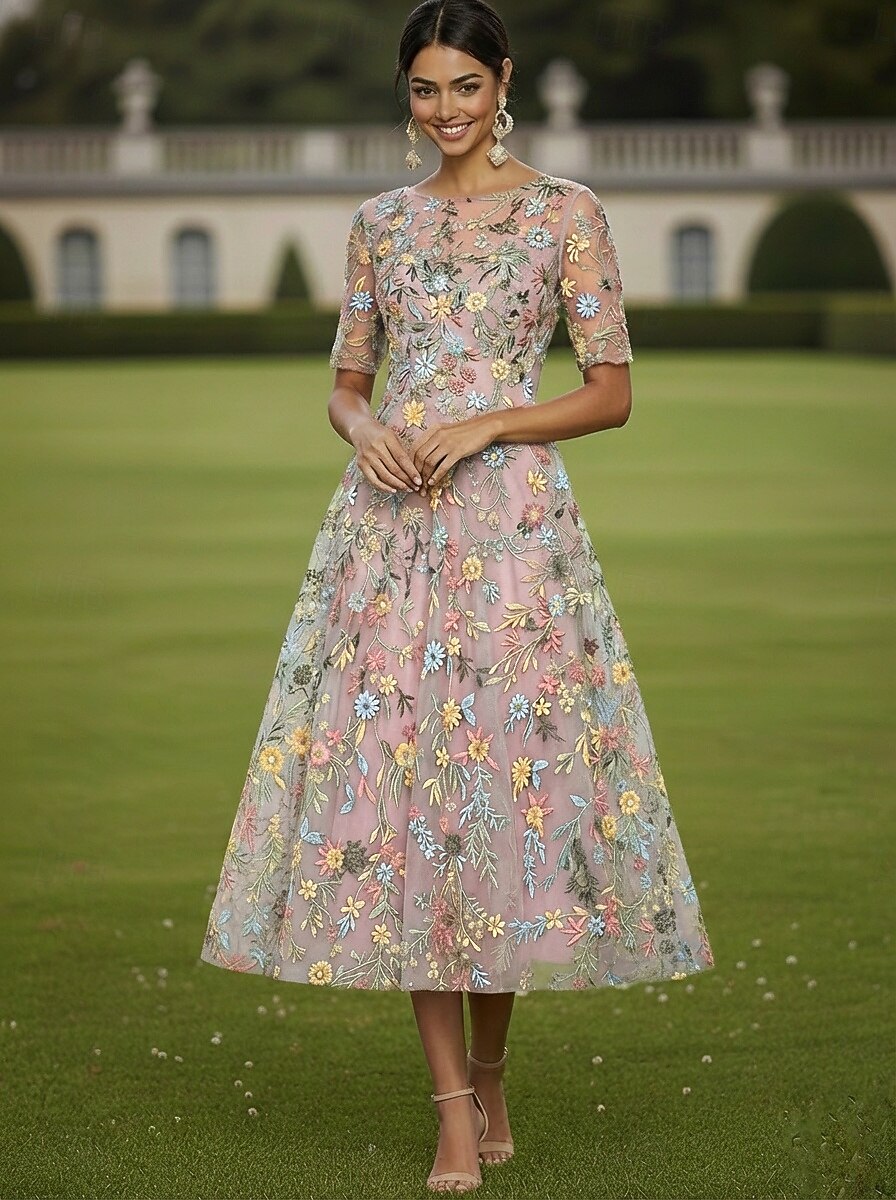 A-Line Tea Length Cocktail Dress Wedding Guest Dress Elegant Casual