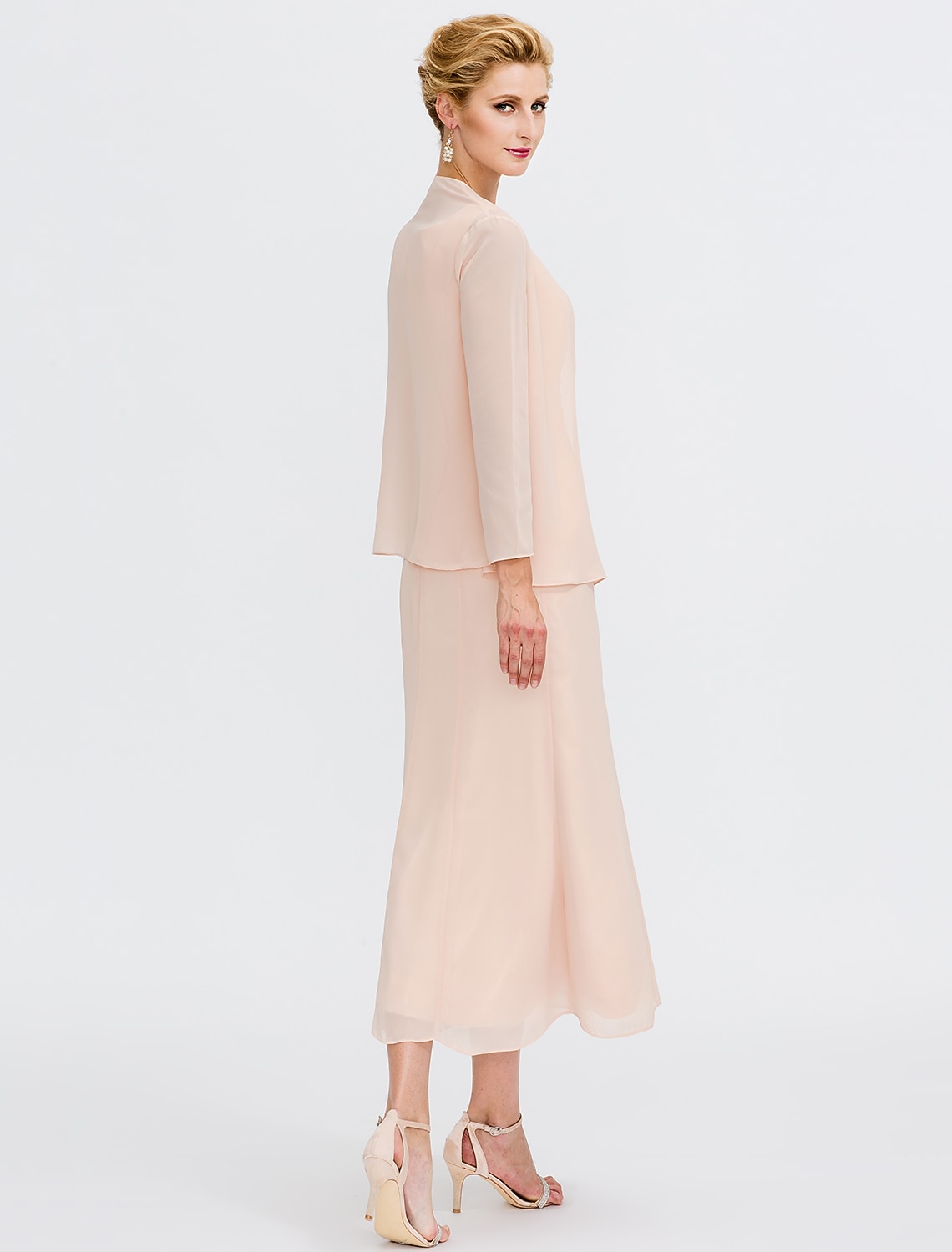 Two Piece Sheath Column Tea Length Wedding Guest Dress Mother of the Bride Dress Elegant Plus Size