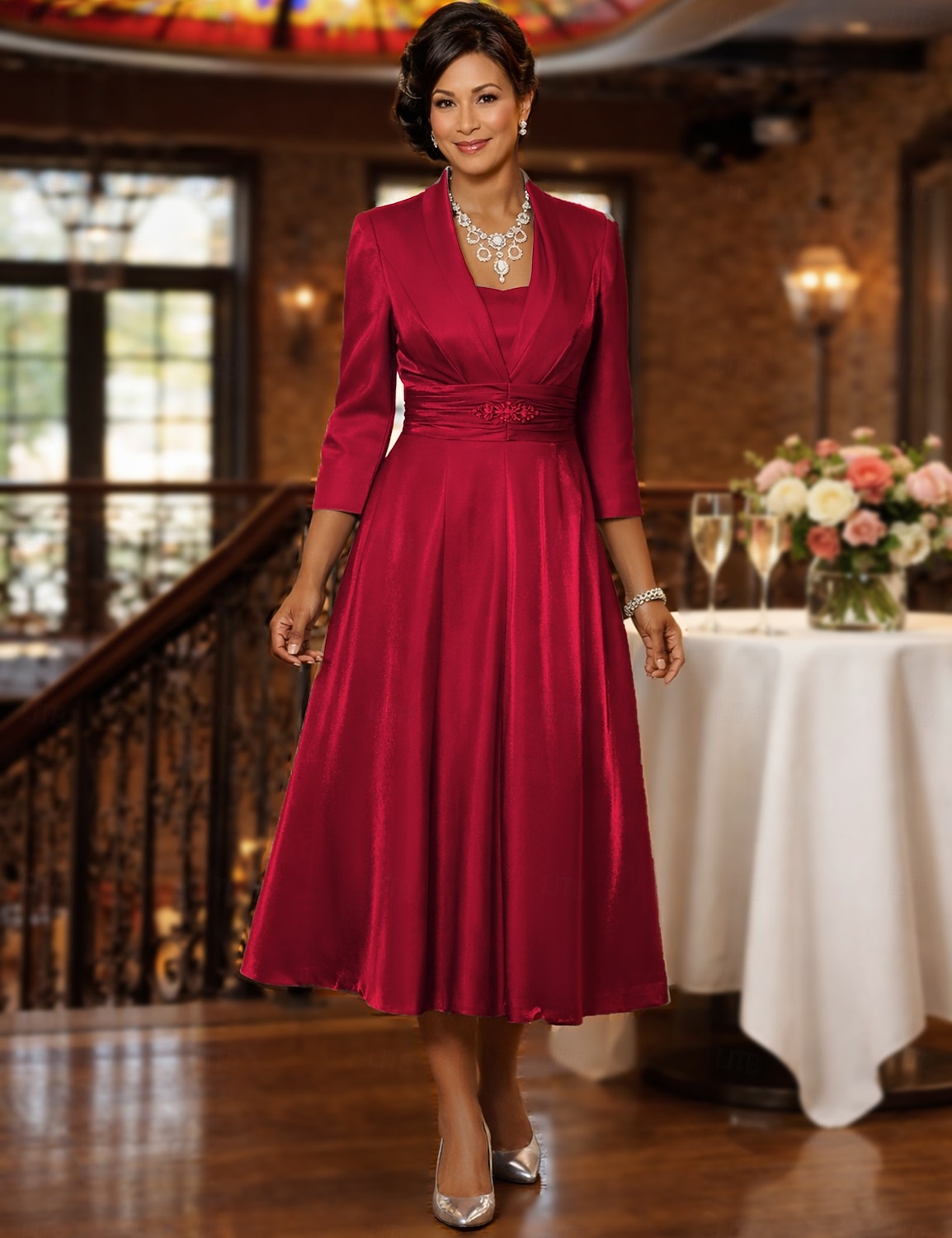 Two Piece A-Line Tea Length Wedding Guest Dress Mother of the Bride Dress Elegant Vintage Plus Size