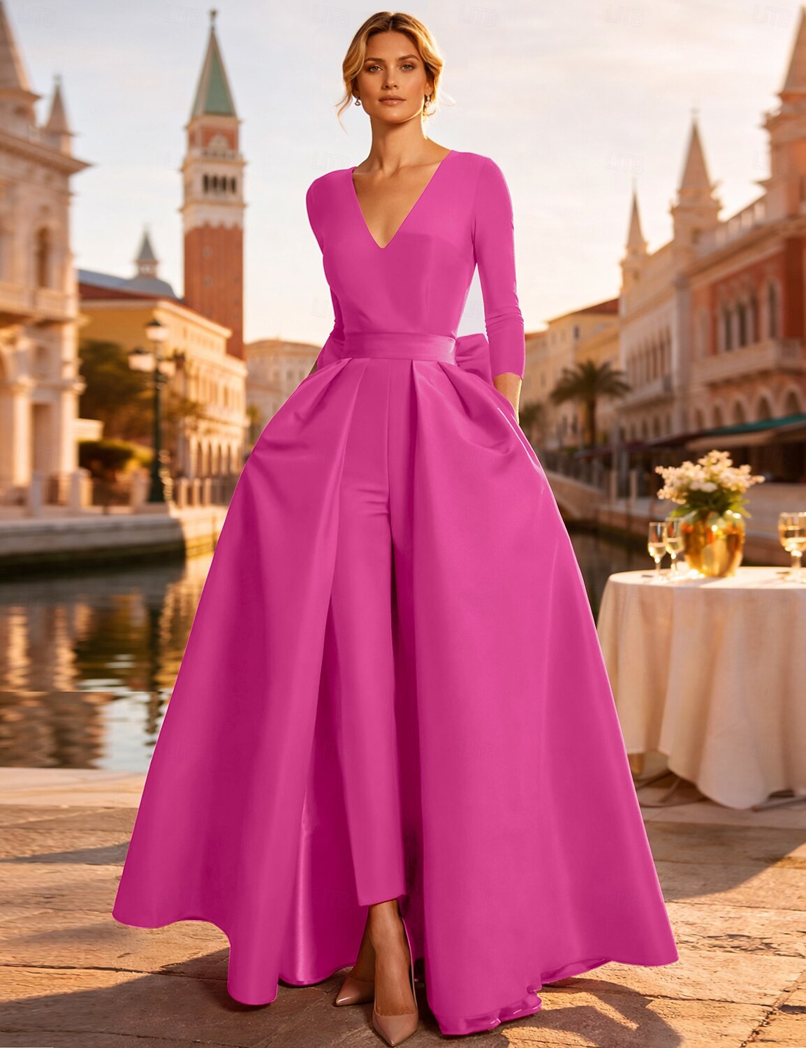 Two Piece Jumpsuits Evening Gown Elegant Floor Length Long Sleeve V Neck