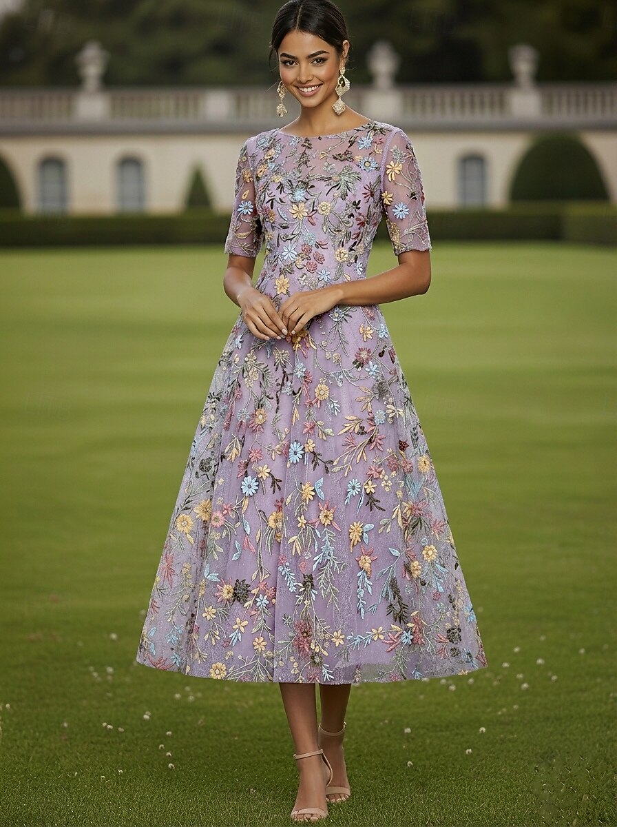 A-Line Tea Length Cocktail Dress Wedding Guest Dress Elegant Casual