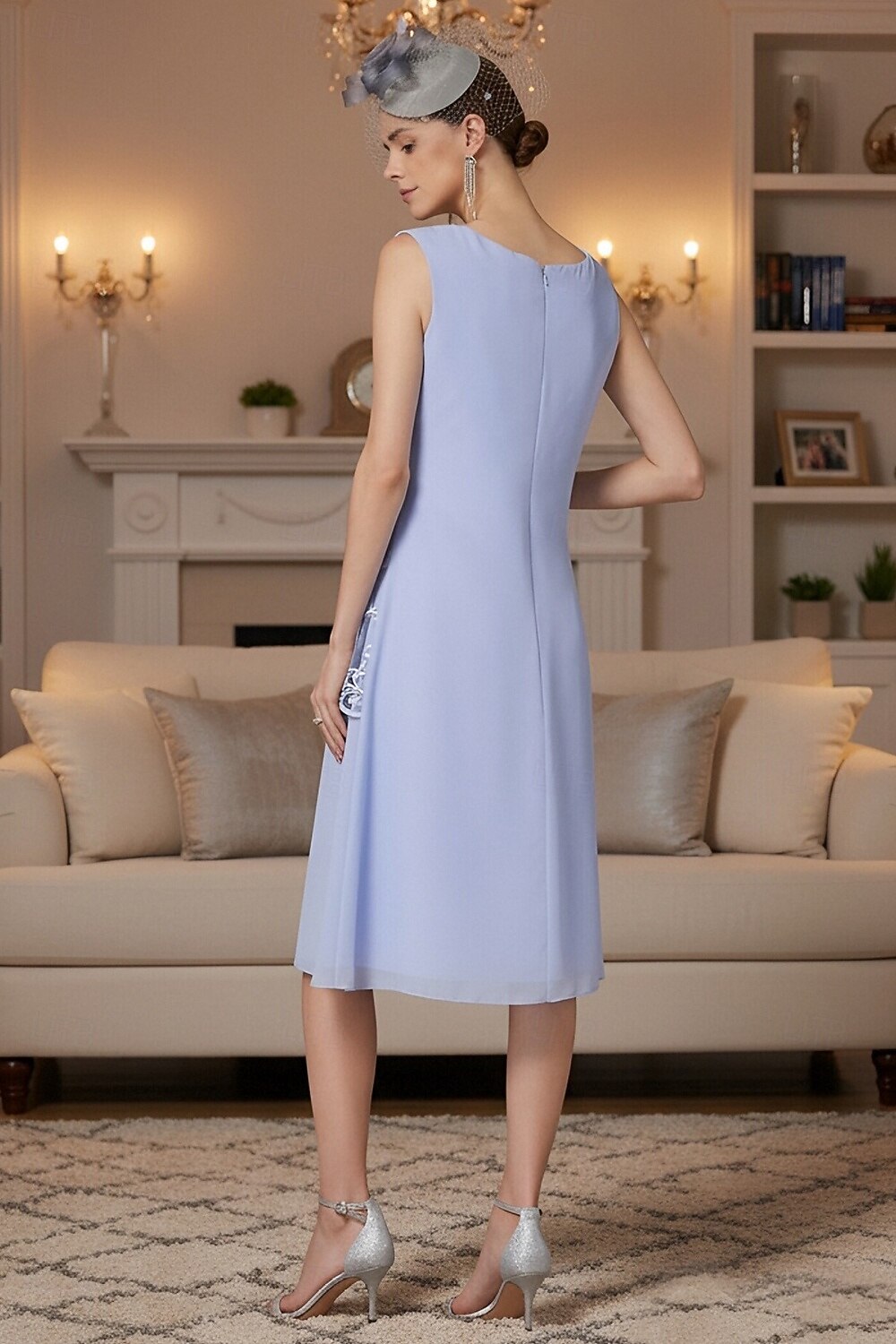 Two Piece Sheath Column Tea Length Wedding Guest Dress Mother of the Bride Dress Sleeveless Jewel Neck