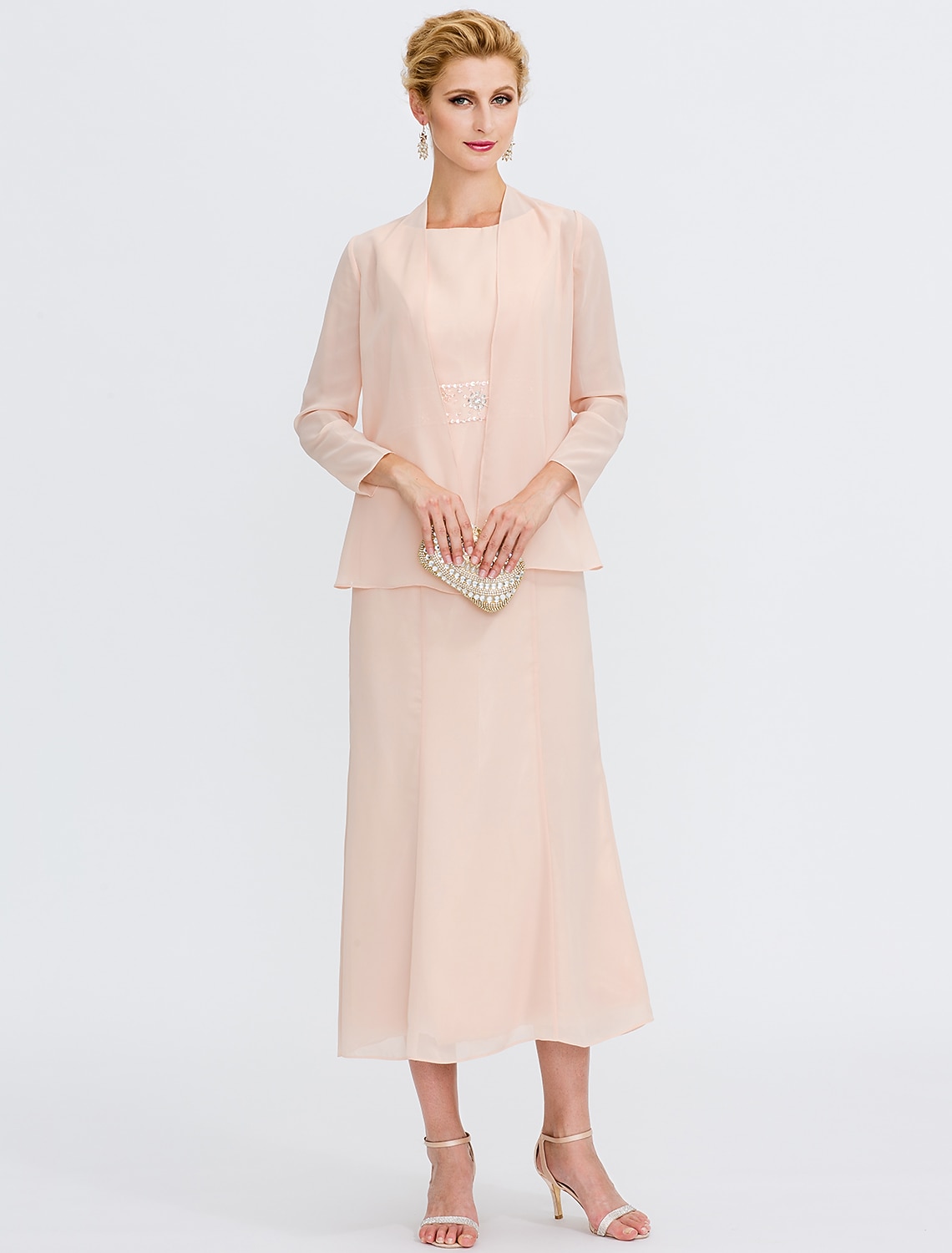 Two Piece Sheath Column Tea Length Wedding Guest Dress Mother of the Bride Dress Elegant Plus Size