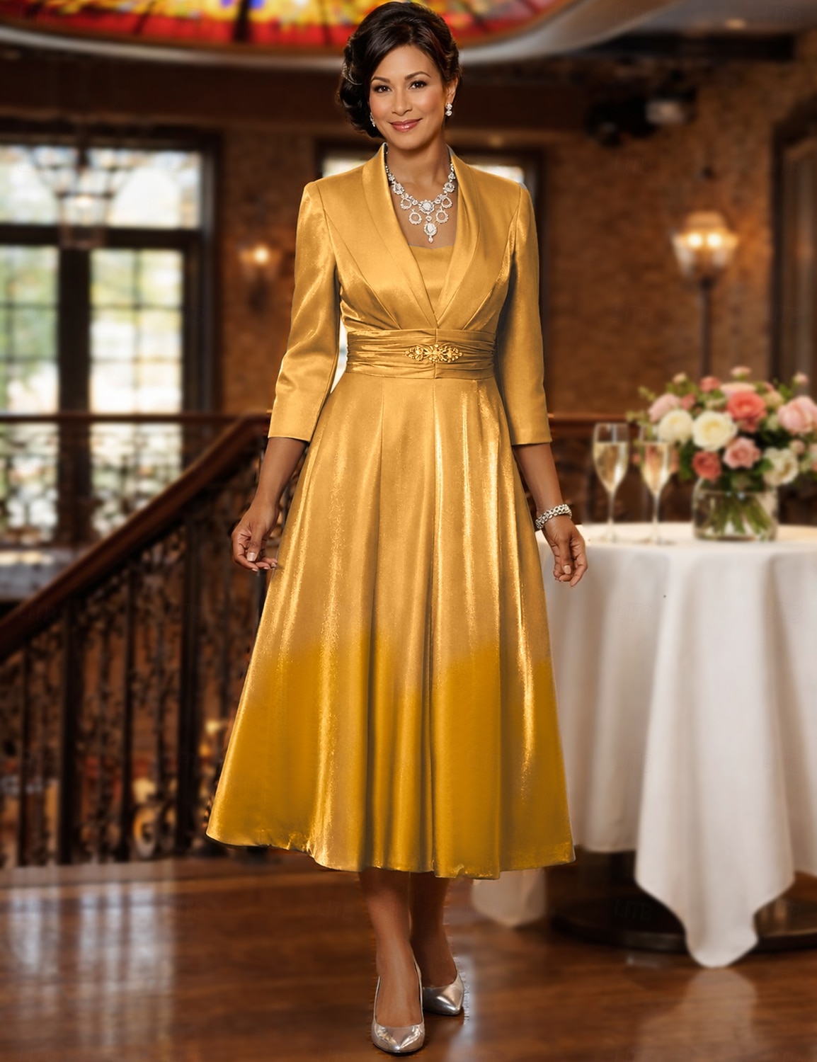 Two Piece A-Line Tea Length Wedding Guest Dress Mother of the Bride Dress Elegant Vintage Plus Size