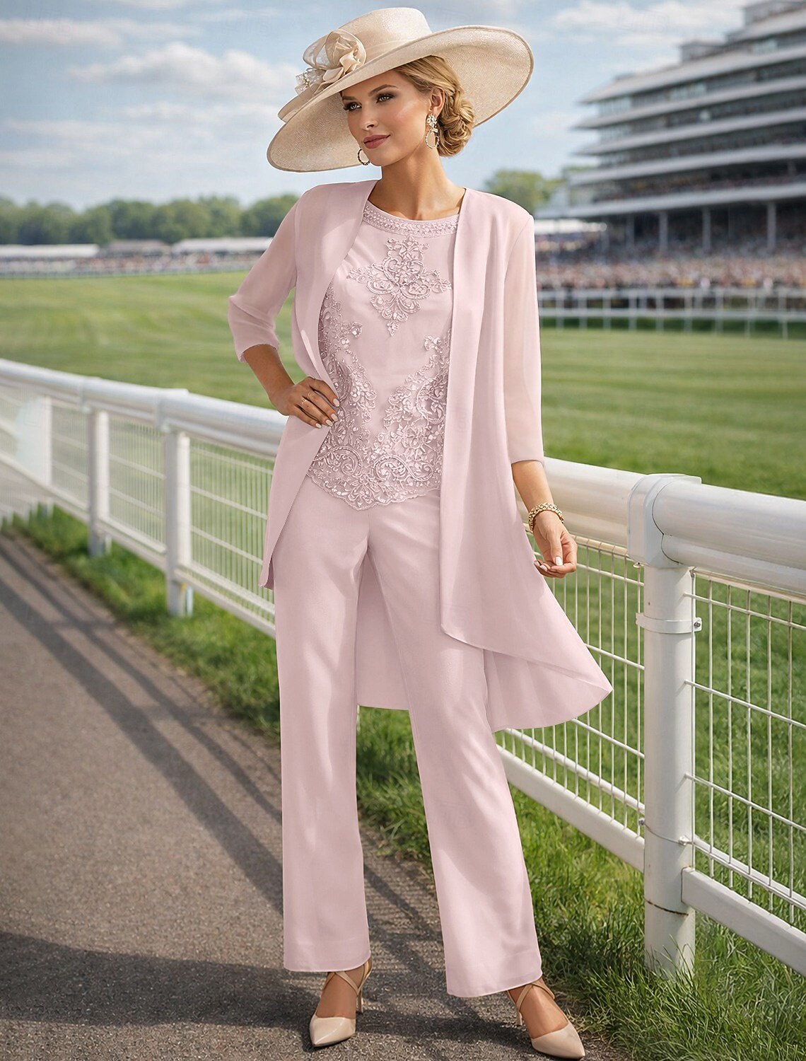 Jumpsuit Pantsuit Floor Length Mother of the Bride Dress 3/4 Length Sleeve Jewel Neck Elegant