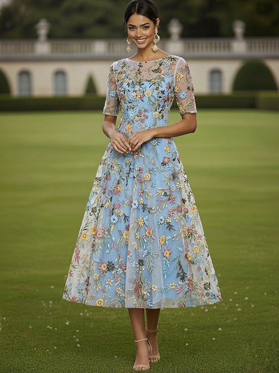 A-Line Tea Length Cocktail Dress Wedding Guest Dress Elegant Casual