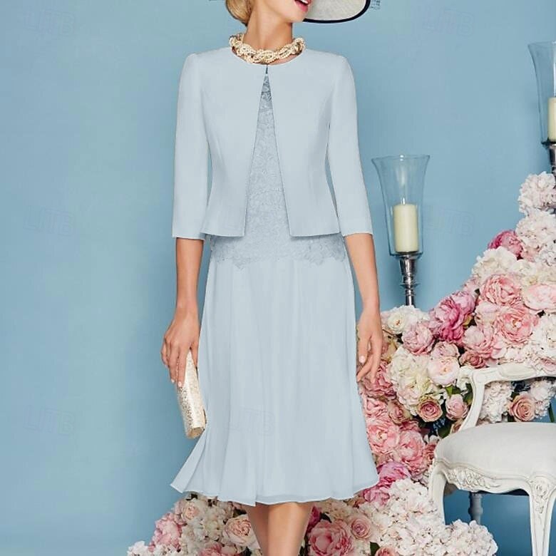 Two Piece Sheath Column Knee Length Wedding Guest Dress Mother of the Bride Dress 3/4 Length Sleeve