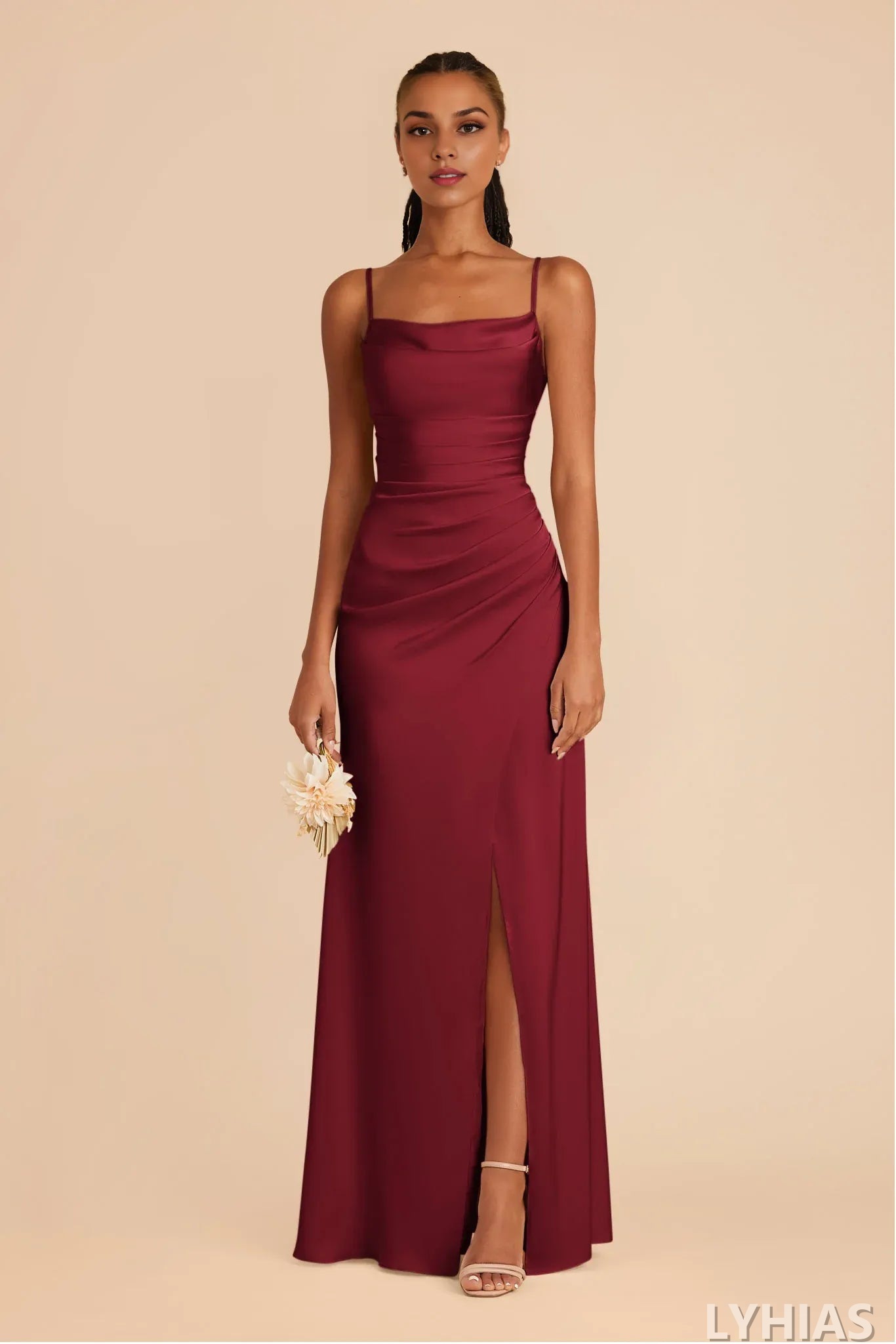 Burgundy Satin Cowl Neck Floor-Length Bridesmaid Dresses