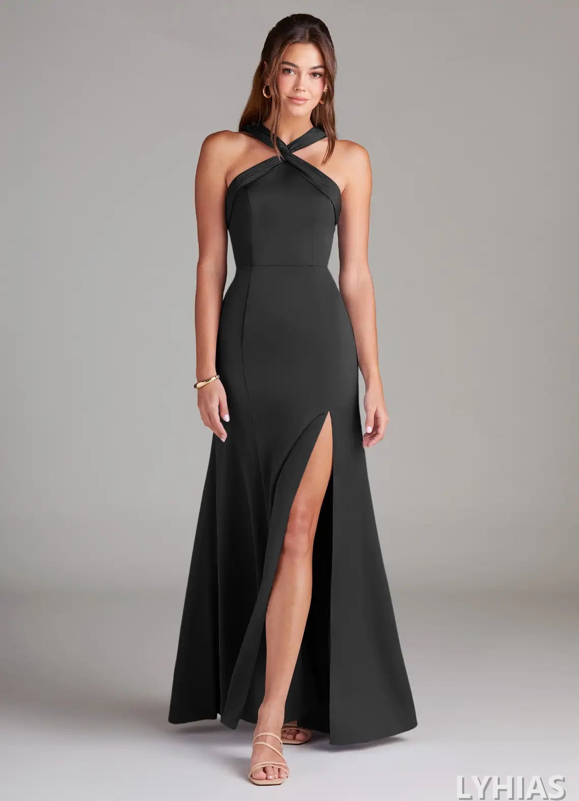 Crepe Sheath/Column Floor-Length Bridesmaid Dresses with Twisted Halter Neckline and High Slit