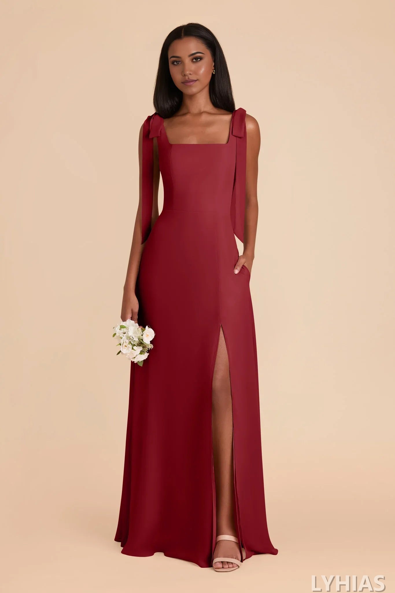 Burgundy Chiffon A-Line Floor-Length Bridesmaid Dresses | Square Neck & Tie-Shoulder
