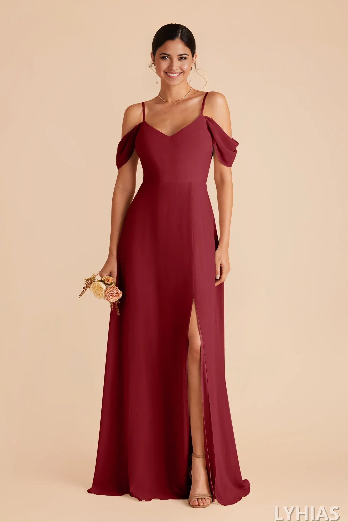 Burgundy V-Neck A-Line Floor-Length Bridesmaid Dresses with Cold-Shoulder Sleeves