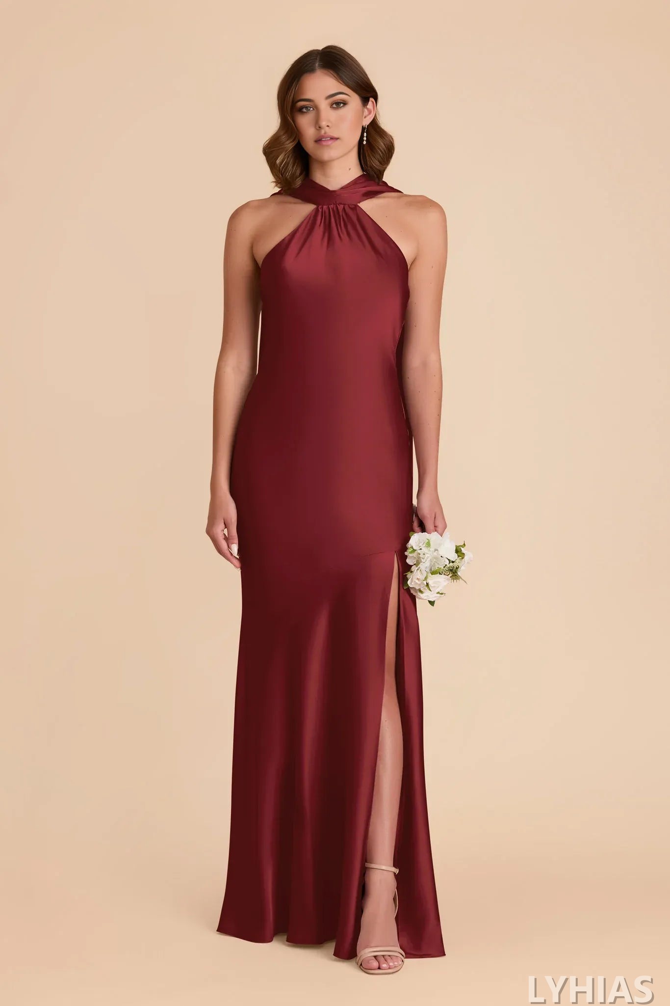 Burgundy Satin Halter Floor-Length Sheath/Column Bridesmaid Dresses with High Slit