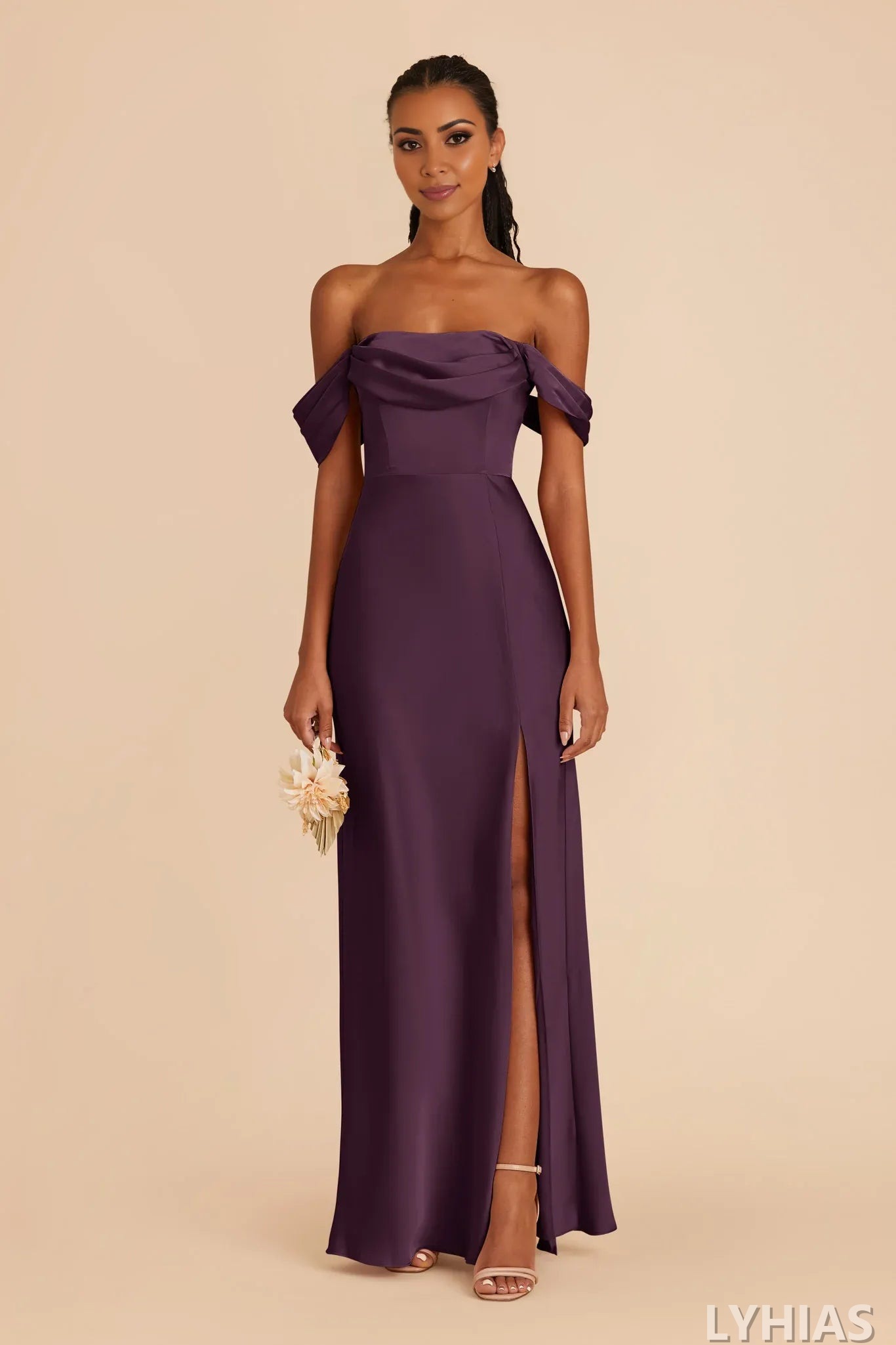Burgundy Satin A-Line Floor-Length Off-the-Shoulder Bridesmaid Dresses