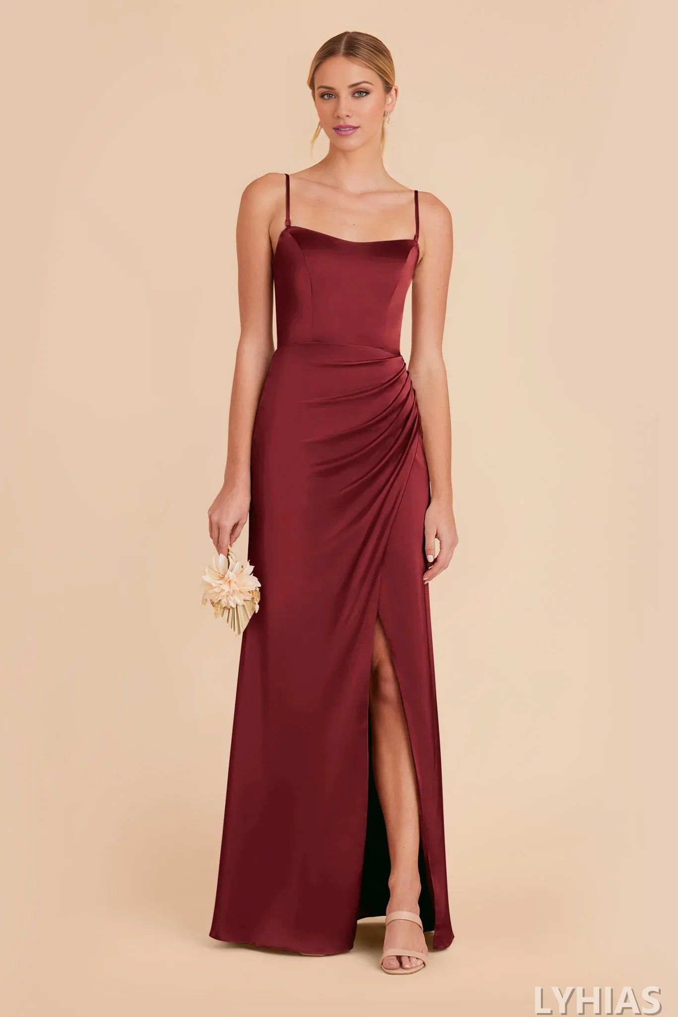Burgundy Satin A-Line Bridesmaid Dresses with High Slit