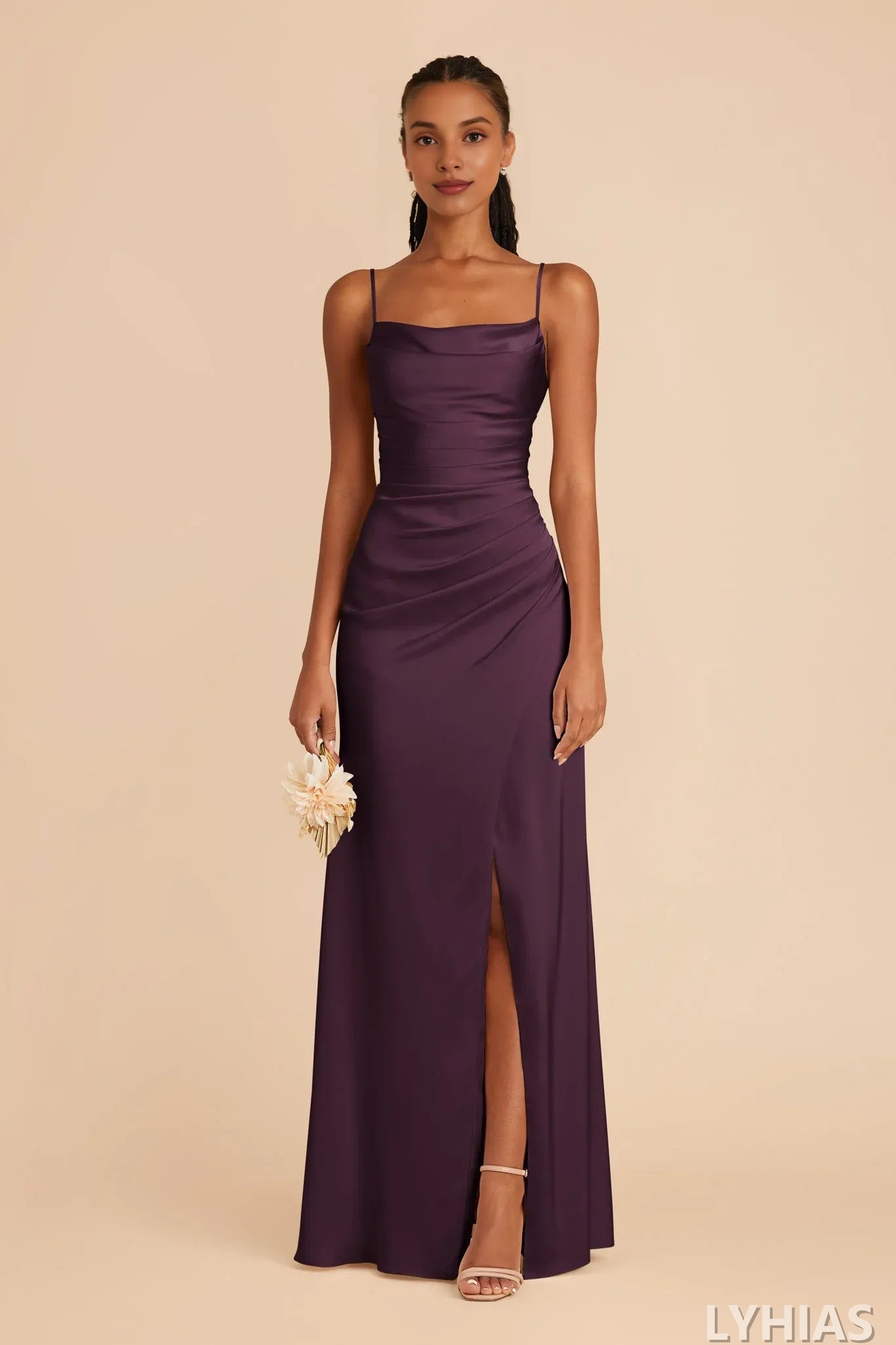 Burgundy Satin A-Line Cowl Neck Bridesmaid Dresses with Ruched Bodice & High Slit
