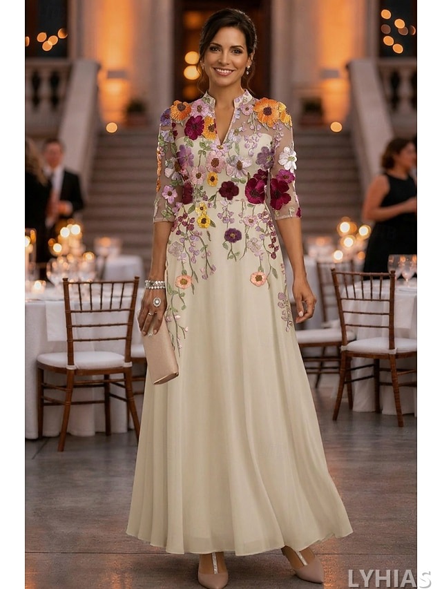 A-Line Mother of the Bride Dresses Floor Length with 3D Flowers 3/4 Length Sleeve V Neck Chiffon
