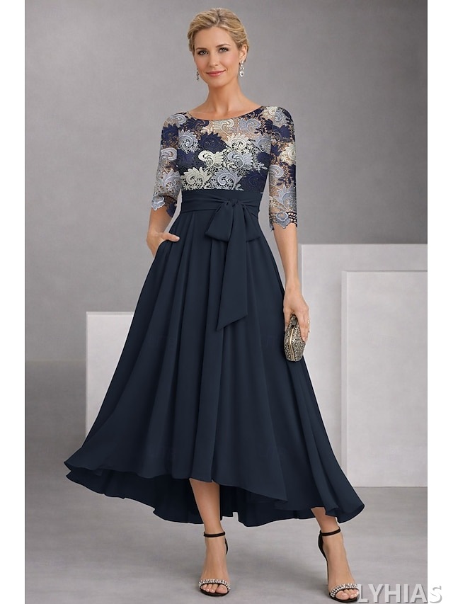 A-Line Mother of the Bride Dresses Ankle Length with Embroidery Half Sleeve Boat Neck Elegant