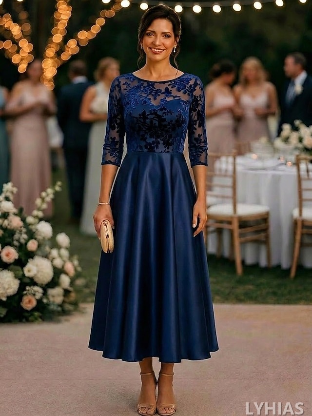 A-Line Mother of the Bride Dresses Tea Length with Pleats 3/4 Length Sleeve Crew Neck Satin Elegant