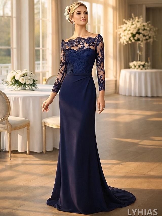 Mermaid Trumpet Mother of the Bride Dresses Floor Length Long Sleeve Off Shoulder Lace Elegant