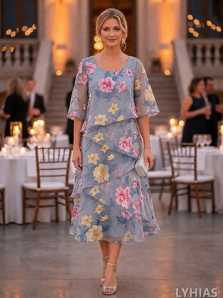 A-Line Mother of the Bride Dresses Ankle Length with Ruffles Half Sleeve Scoop Neck Chiffon Elegant