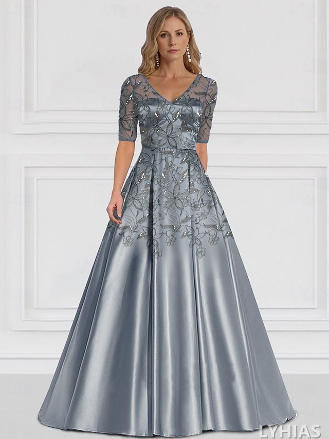 A-Line Mother of the Bride Dresses Floor Length Half Sleeve V Neck Satin Elegant